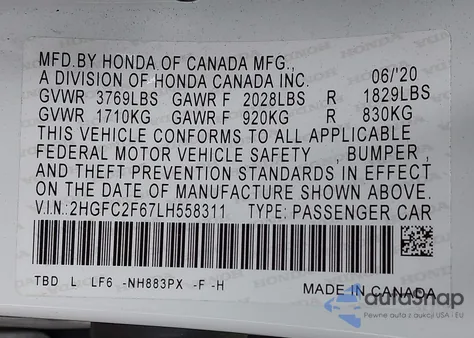 2020 Honda Civic Lx из США, поврежденный, VIN 2HGFC2F67LH558311